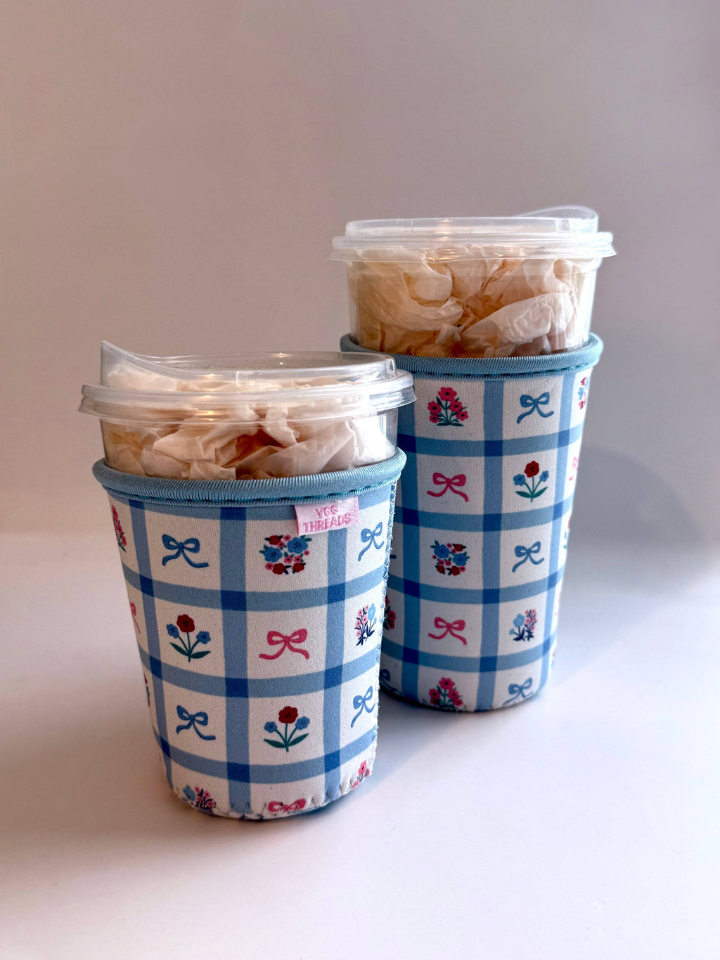 Blue Floral Gingham Iced Coffee Drink Sleeve- Medium